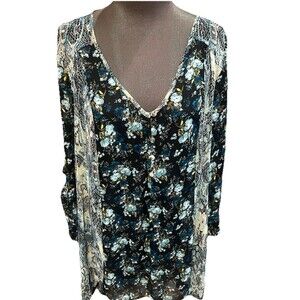 Figueroa & Flower 2X Blouse Floral & Snakeskin Patchwork Print Shear Tab Sleeve